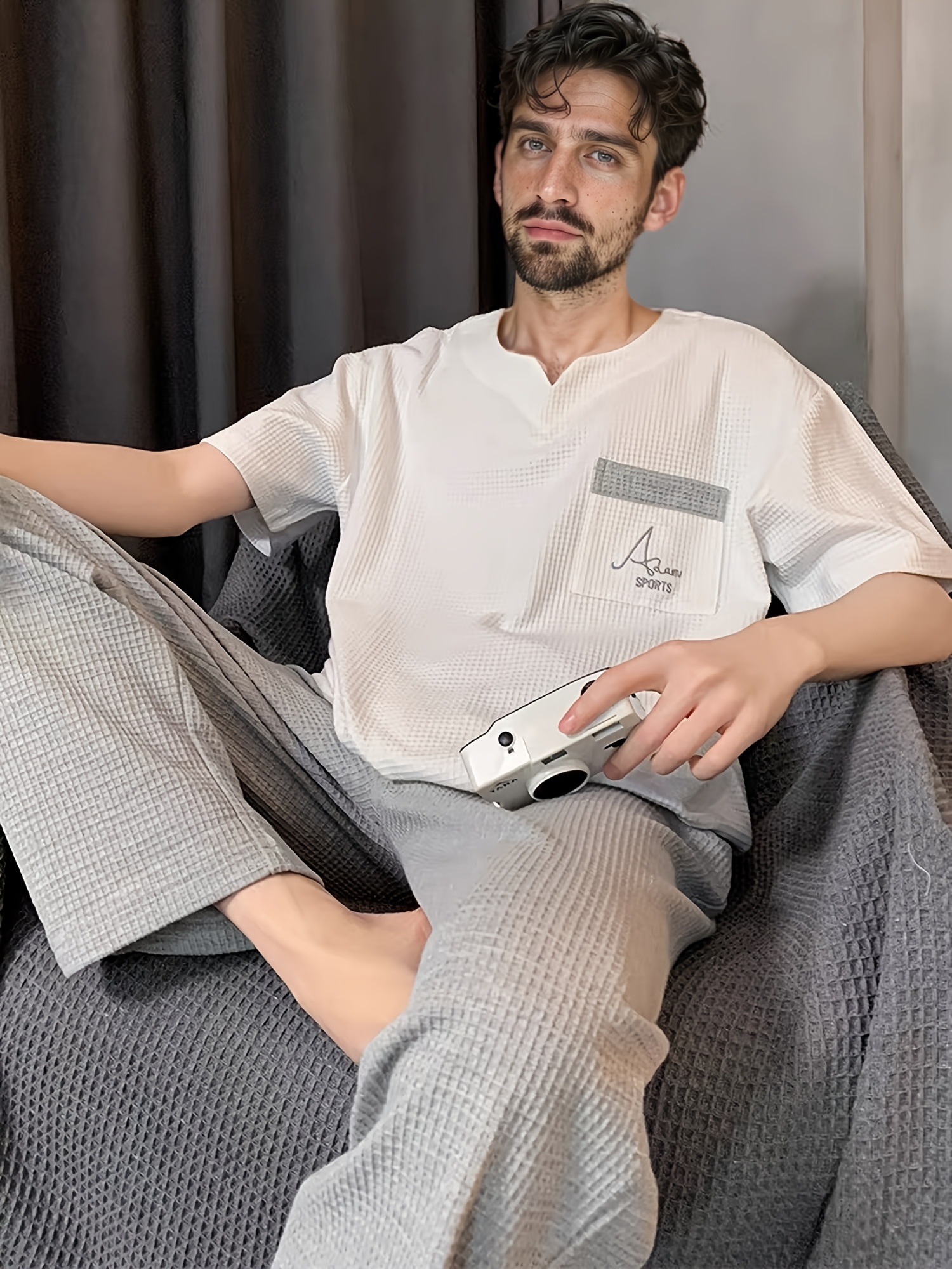 mens waffle loungewear set comfortable and premium pajamas with a v neck luxurious short sleeves pockets and elastic waist long pants that     outside