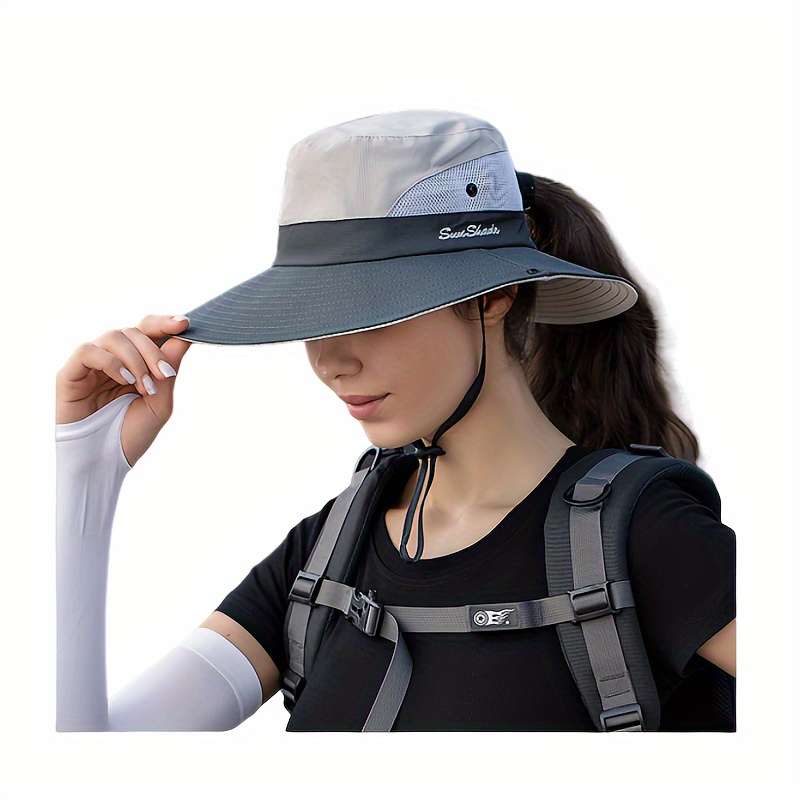Sun Hat for Women UV Protection Bucket Fishing Hat with Ponytail-Hole,  Foldable Outdoor Sun Hats Mesh Wide Brim Beach Hat