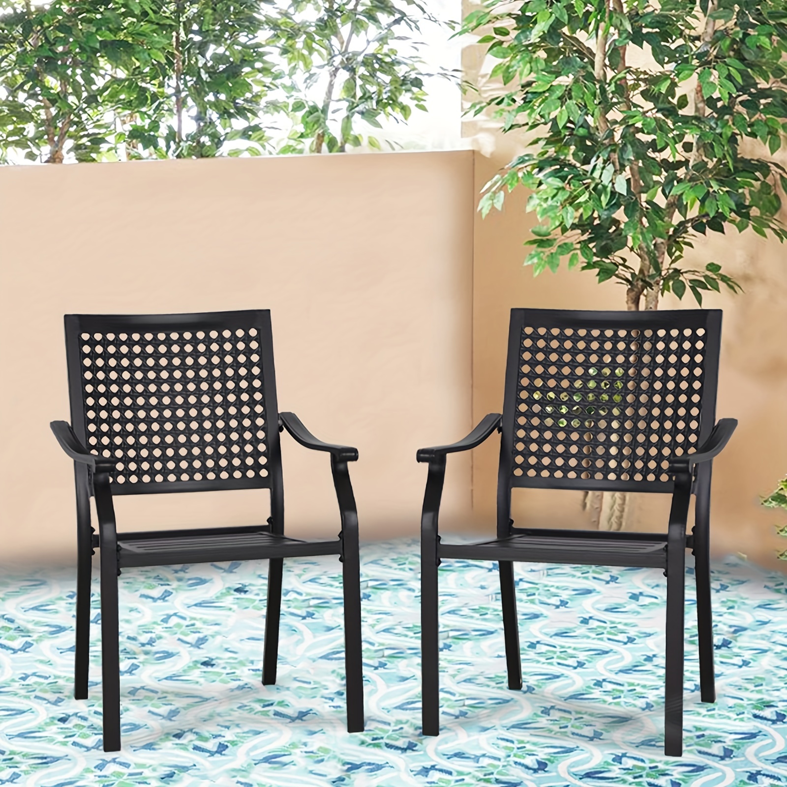 

Stackable Wrought Iron Patio Dining Chairs - Black Outdoor Chair Bistro Metal Chairs, Support 300 Lbs