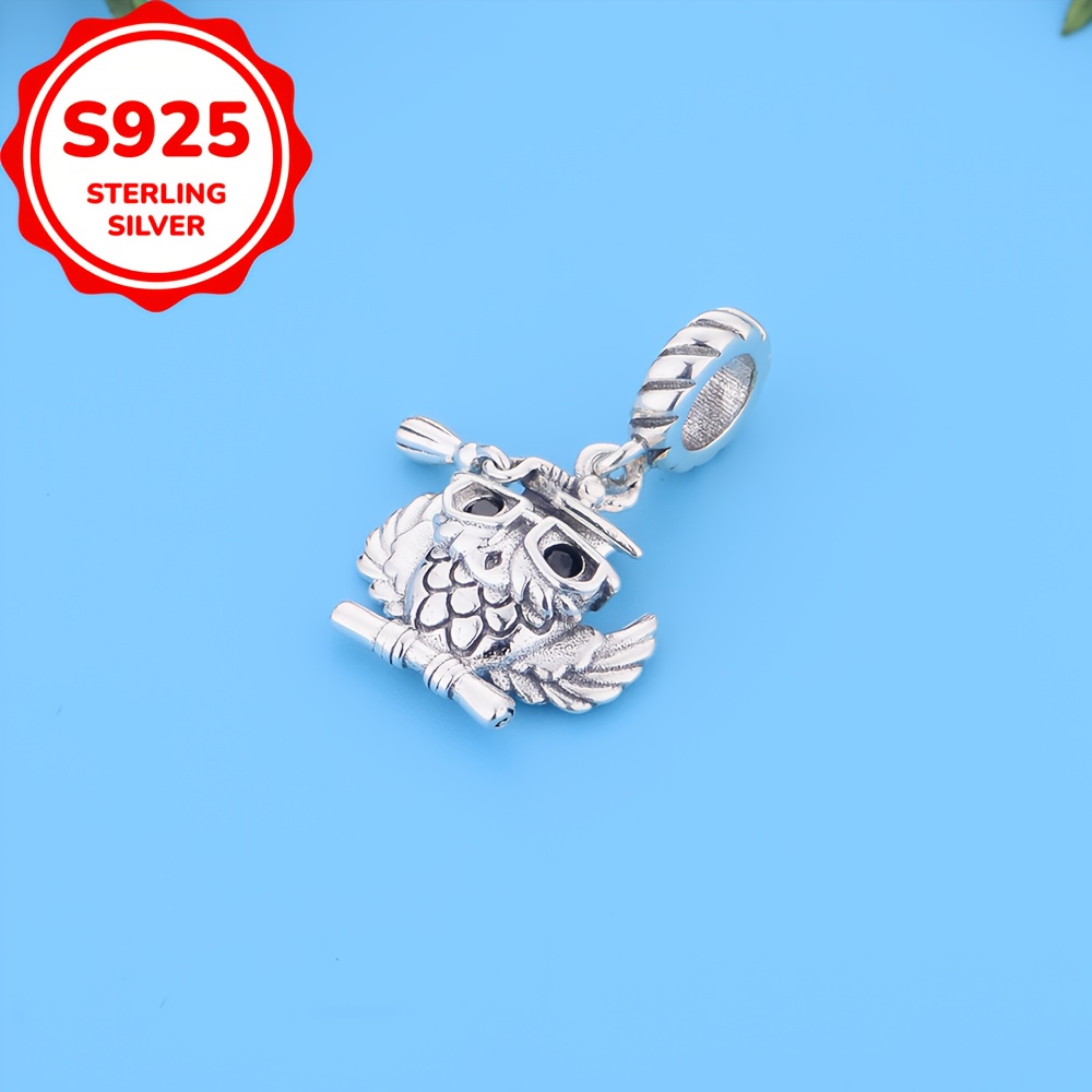 925 Sterling Silver Owl Graduation Scroll Bead Pendant