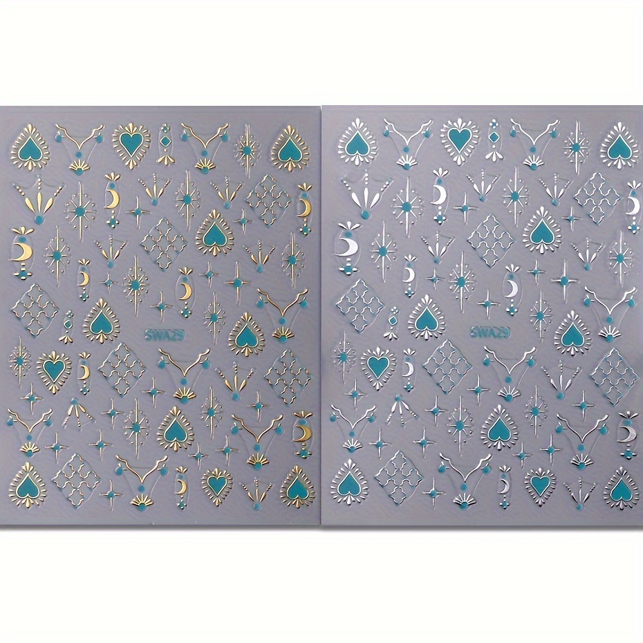 2pcs Bohemian Nail Art Stickers | 3d Bronzing Silvery Heart Sun Moon Patterns, Self-adhesive, Glossy Finish, Single Use