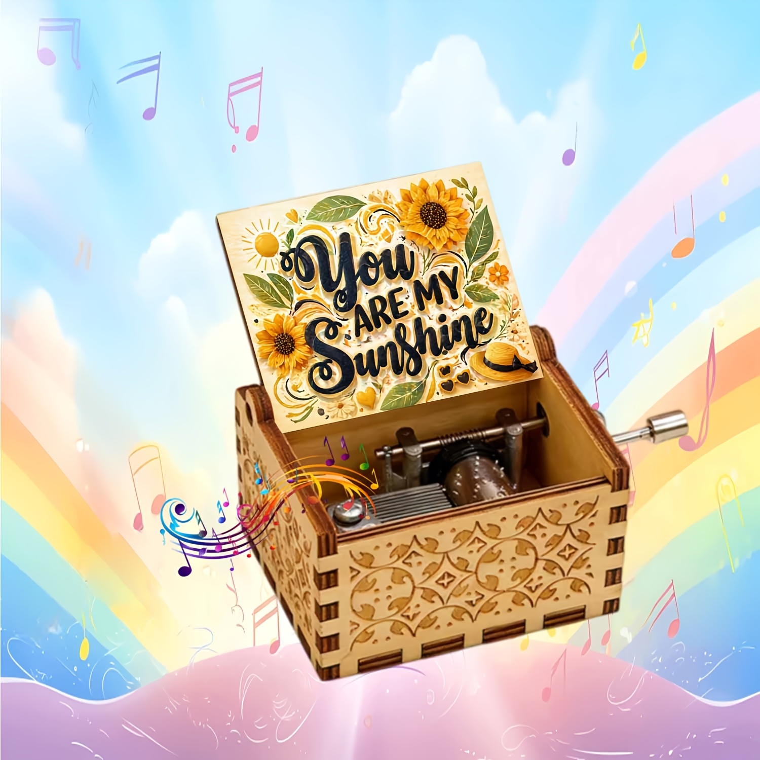 TEMU 1pc Warm - Colored Sunflower - Themed Decorative Painting Vintage Wooden Hand-cranked Music Box, Holiday Gifts For Families , Son And Daughters,