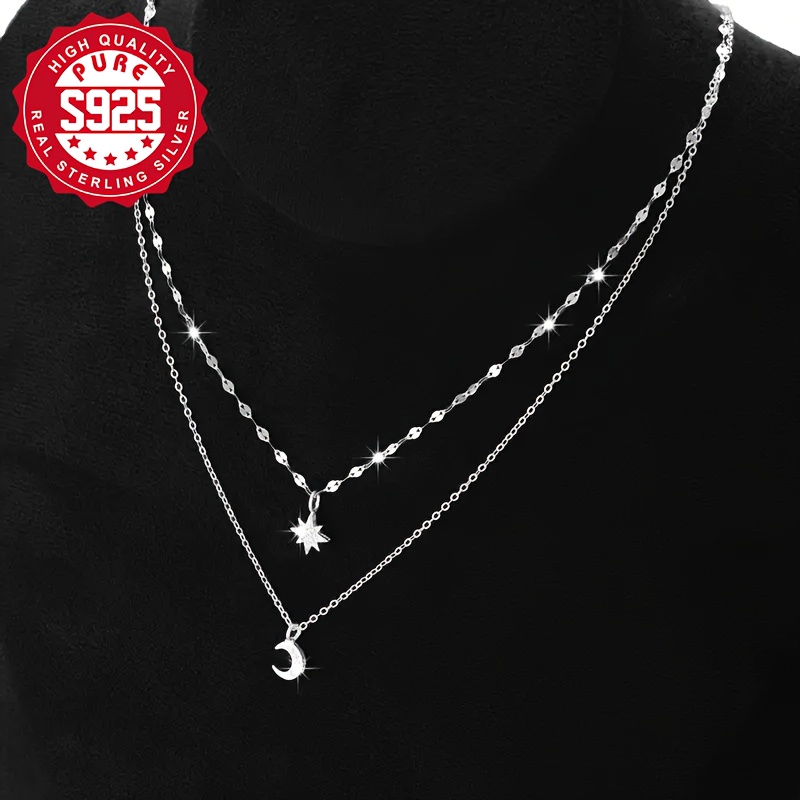 S925 Silver Star And Moon Double Layer Necklace