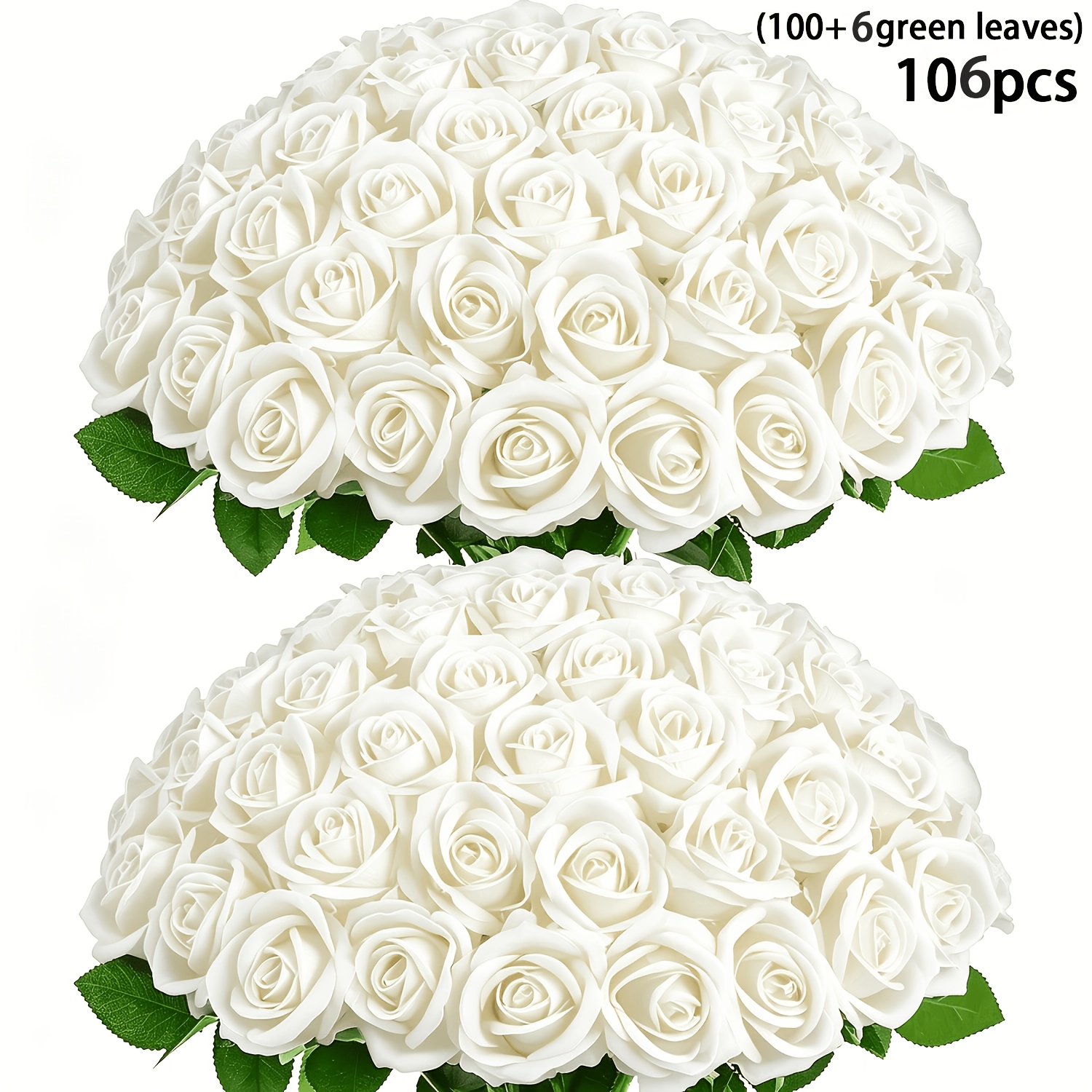 TEMU 106pcs (100 Roses + 6 Green Leaves) Roses With Green Leaves, Artificial Flower Heads, Bulk 3-inch (. 7.6cm) Mini Faux Eternal Foam Roses,