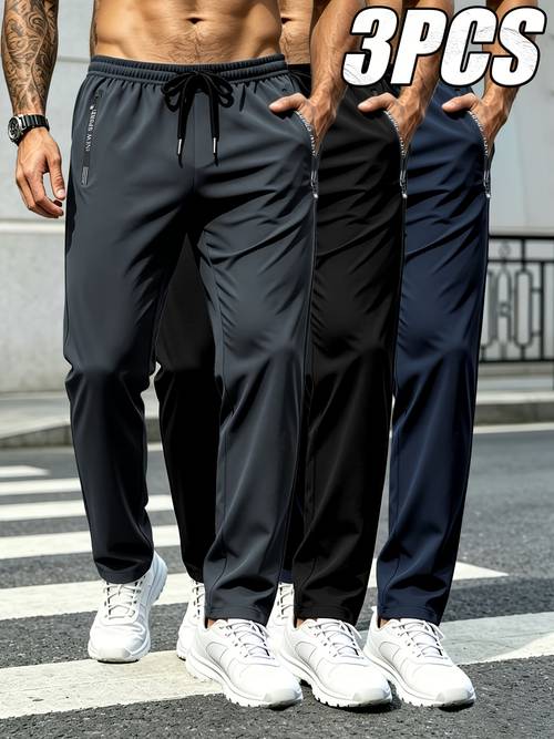 3 stk unisex moderne sports utendørs lange bukser, komfortabelt og mykt stoff, dobbeltsidige glidelåslommer med bokstaver, elastisk snøring i livet, for alle årstider, sport, utendørsaktiviteter, casual utflukter!