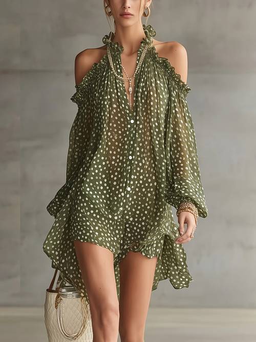 green polka dot off shoulder mini chiffon dress with ruffle neckline a stylish and elegant womens dress casual vacations holiday trips weekend parties and day celebrations this dress is designed for