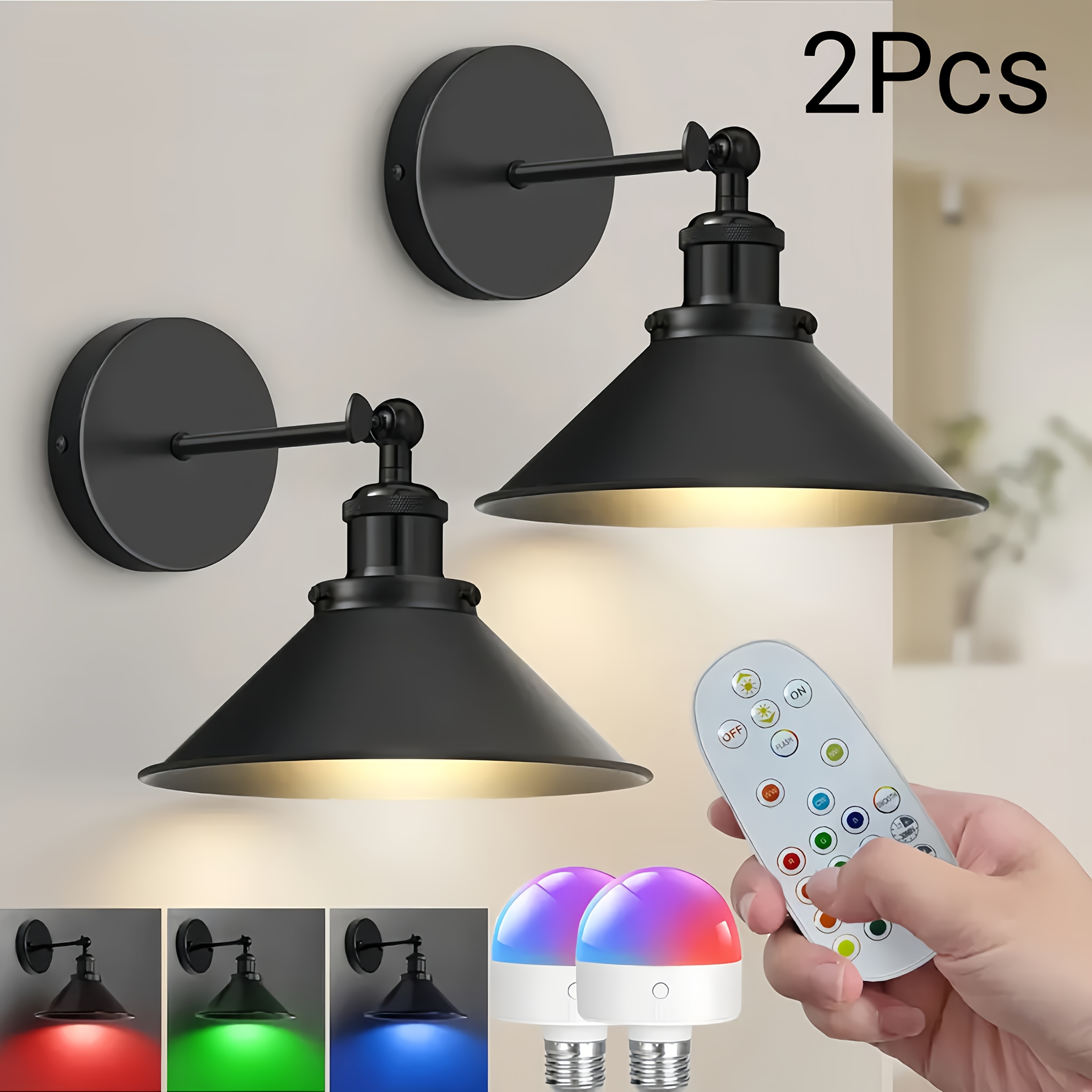 imagen del artículo juego de 2 lámparas de pared   a batería, lámparas de pared recargables negras con bombillas regulables y control remoto, lámparas de pared inalámbricas de 15 colores para decoración de dormitorio,   y pasillo