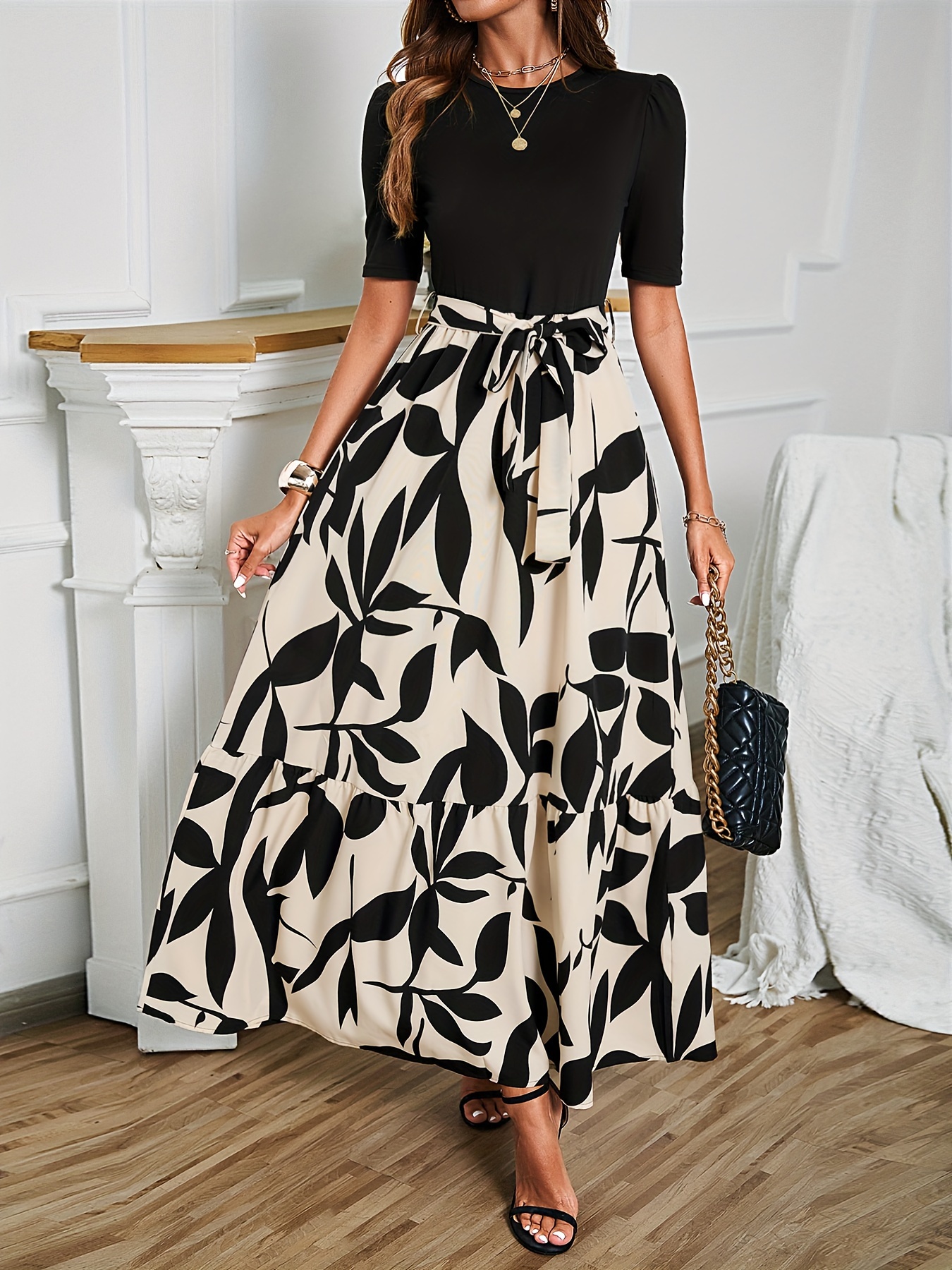 elegant color block maxi dress women round neck short sleeve - Temu South  Africa
