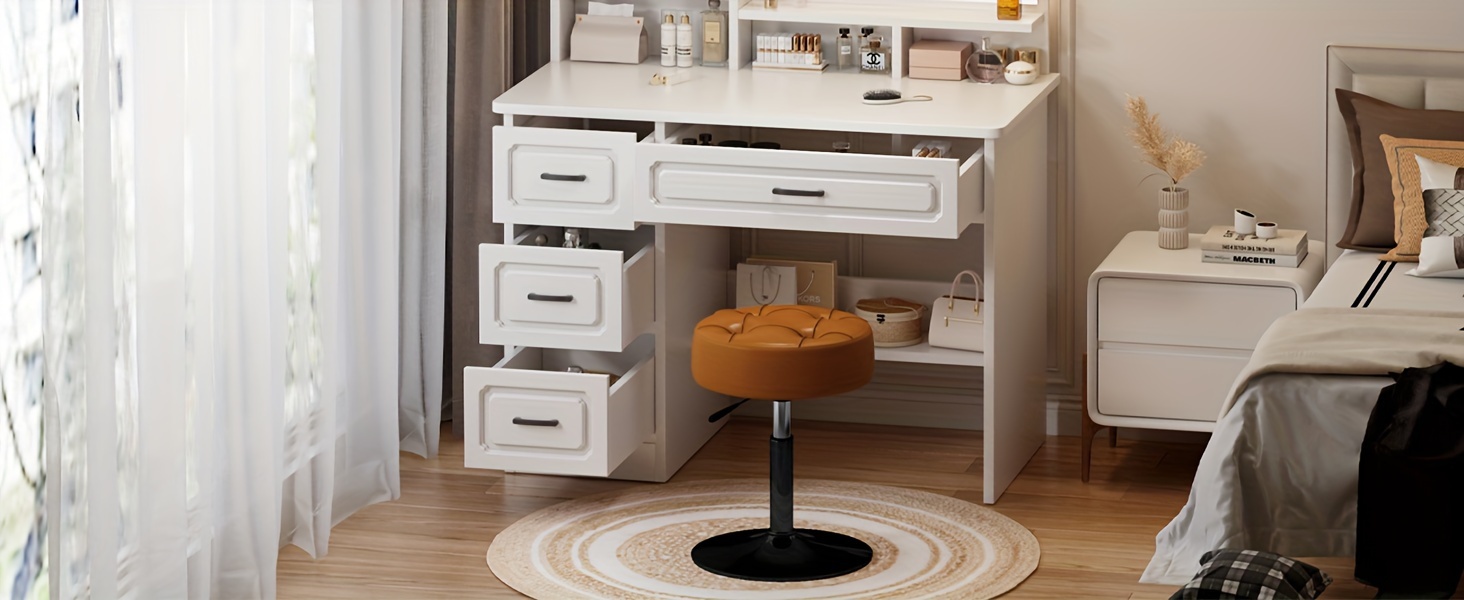 ACEQLYT Adjustable Vanity Stool, Faux Leather Vanity Chair For Makeup Room Bedroom, Round Makeup Chair Ottoman, Sturdy, Rust-Resistant And Easy To Assemble