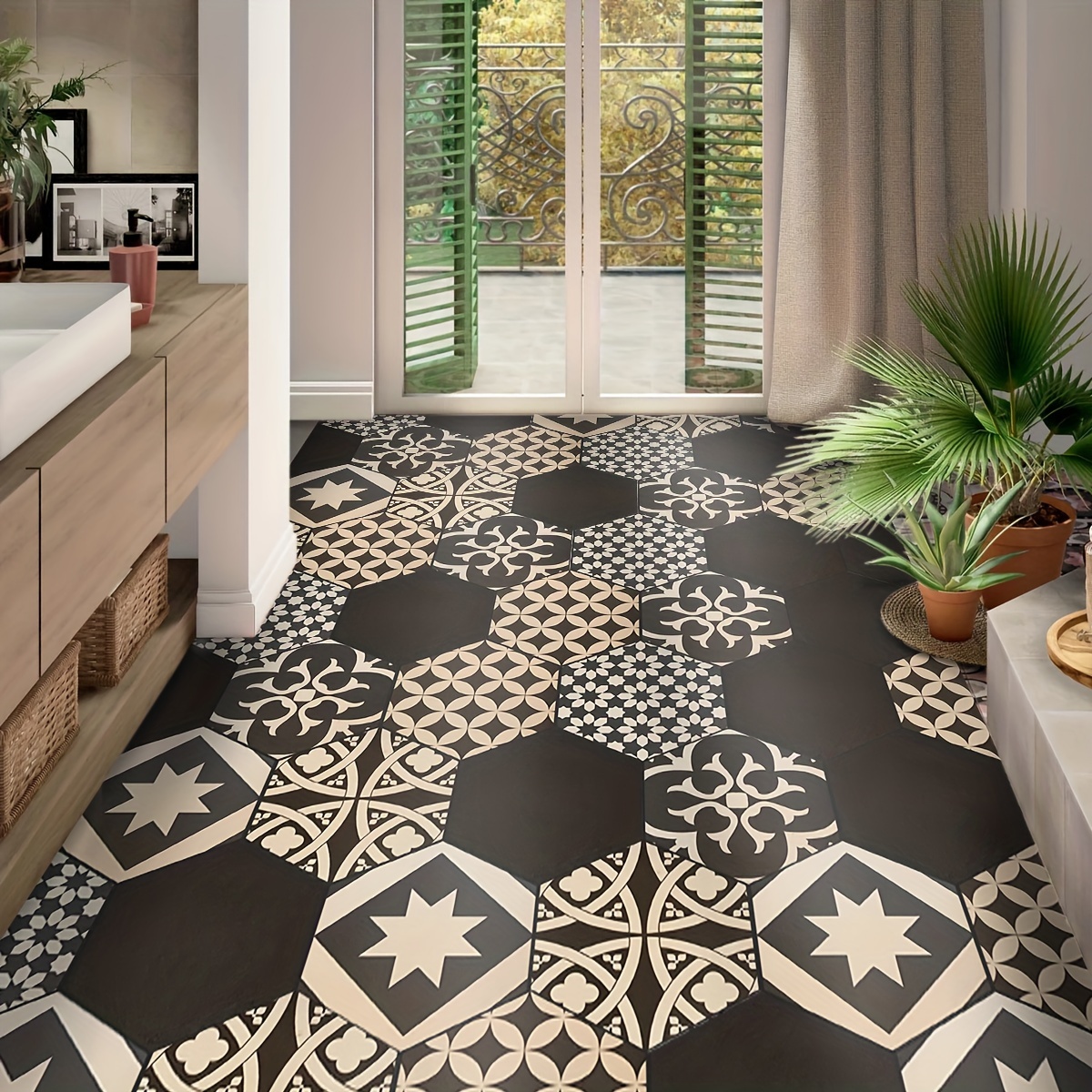 

1 Set/7/14pcs, Black & Pattern Pvc Floor Tiles, Self-adhesive Easy Clean , Indoor Home Decor, Waterproof & Moisture Resistant, For Bedroom, Kitchen, Living Room, Balcony, , 13.78-inch/35cm Diameter