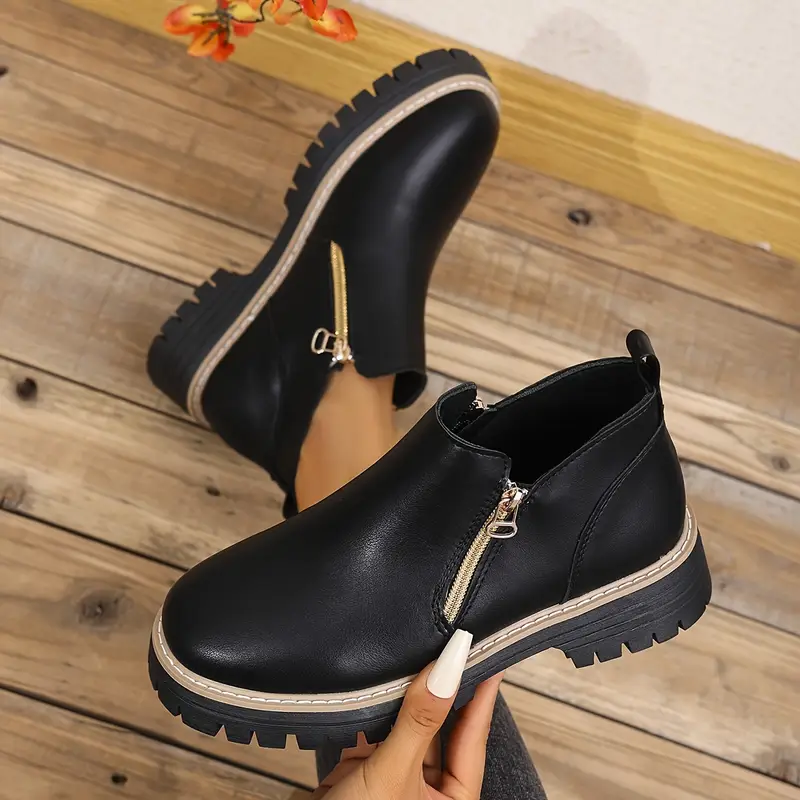 1pr womens classic british style ankle boots solid black pu comfortable season round toe low platform heel dual zipper breathable casual shoes with tpr sole and fabric insole details 4