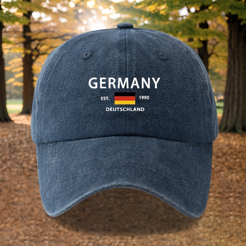 Stylish Unisex Printed Baseball Cap Featuring Germany Design, Vintage Washed Look, Lightweight With A Curved Brim, Perfect For Outdoor Vacations, Camping, And Casual Events