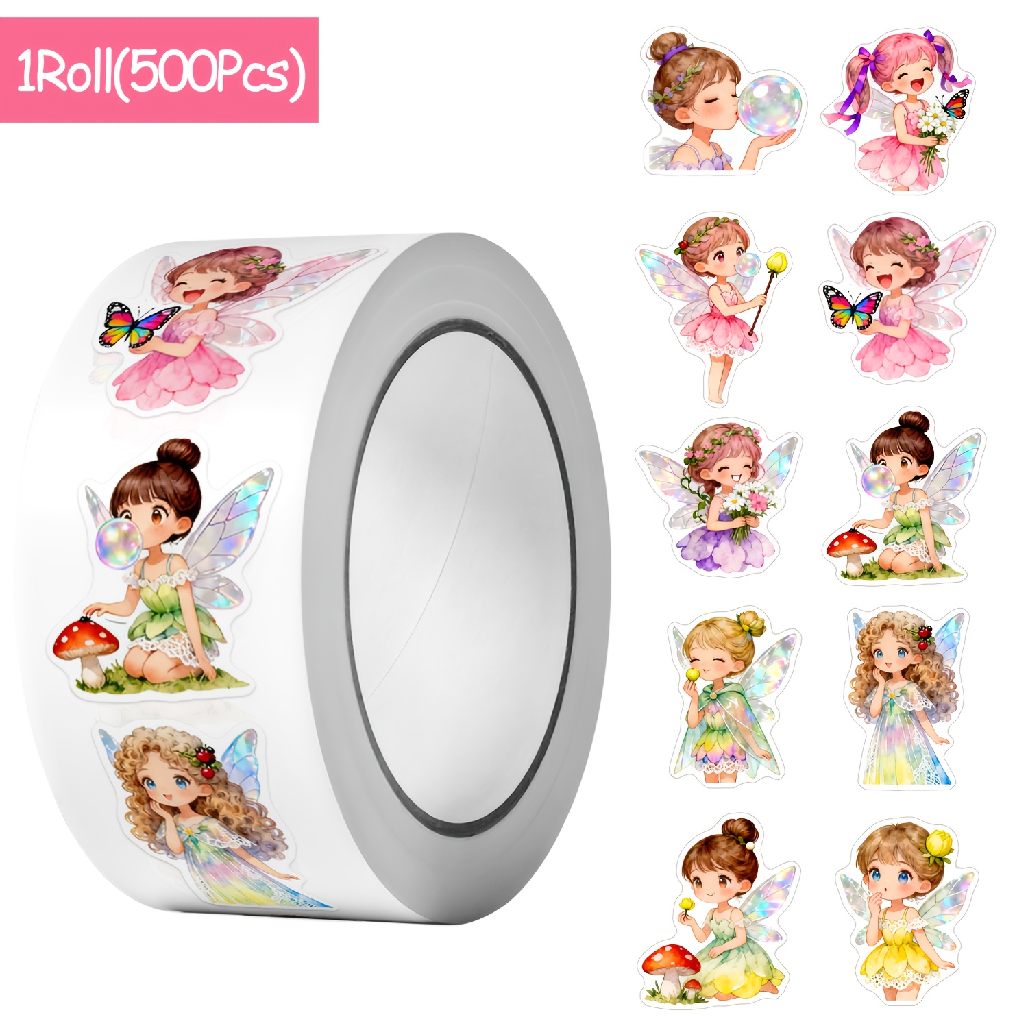 Image of 1roll(500pcs) Cartoon Pretty Flower Elf Stickers | 2.5cm/1'' Party Favors Craft Decoration Sealing Gift Scrapbooking Labels, Versatile For Festivals, Semi-glossy Paper, Self-adhesive