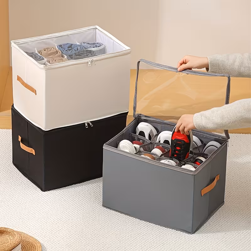2 boîtes de rangement pour chaussures de place avec couvercle transparent – organisateur empilable et pliable pour chaussures et coussins, design en tissu beige avec poignées, idéal pour lorganisation de placard ou darmoire, organisateur de rangement pour chaussures Détails du produit 3