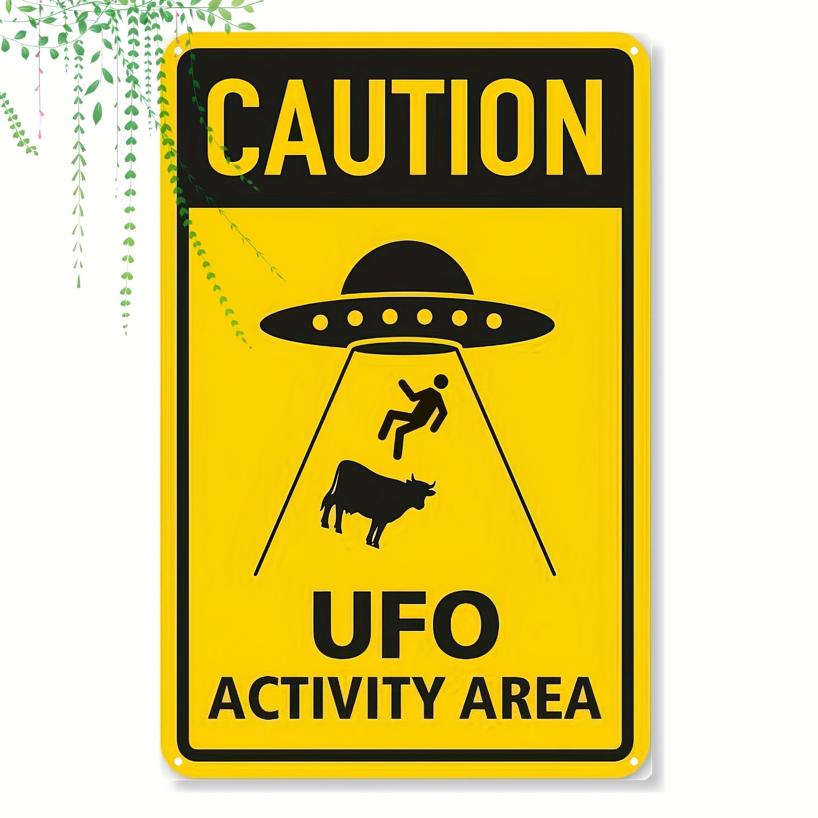 TEMU 2d Flat, 2d Flat Humorous Ufo Themed Yard Sign - Psychedelic 60s Vintage Flying Saucer And Cow Design With "ufo Activity Area" Warning Text -