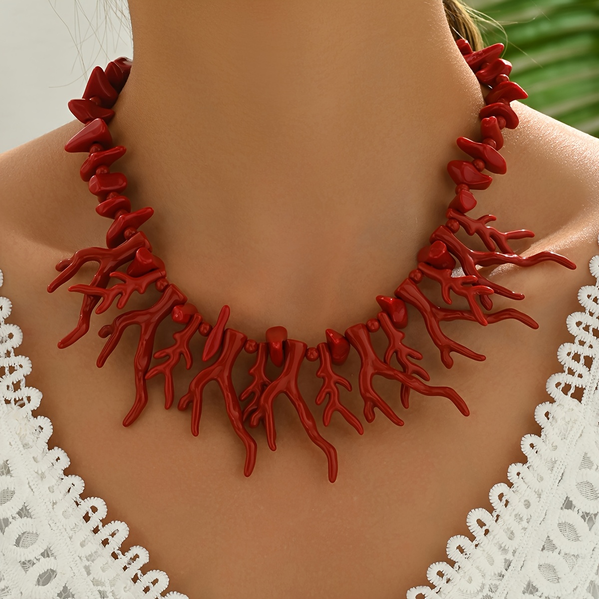 

Chic Beaded Coral Necklace - Resin Jewelry For Women, Beach Vacations & Casual Attire