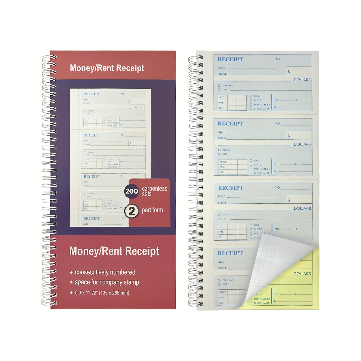 

1pc Money And Rent Receipt Book With Cardboard Insert, 2-part Carbonless, 5.3"x11.22" Spiral Bound, 200 Sets Per Book, 4 Receipts Per Page For Office Supplier, Rent And Cash Transaction