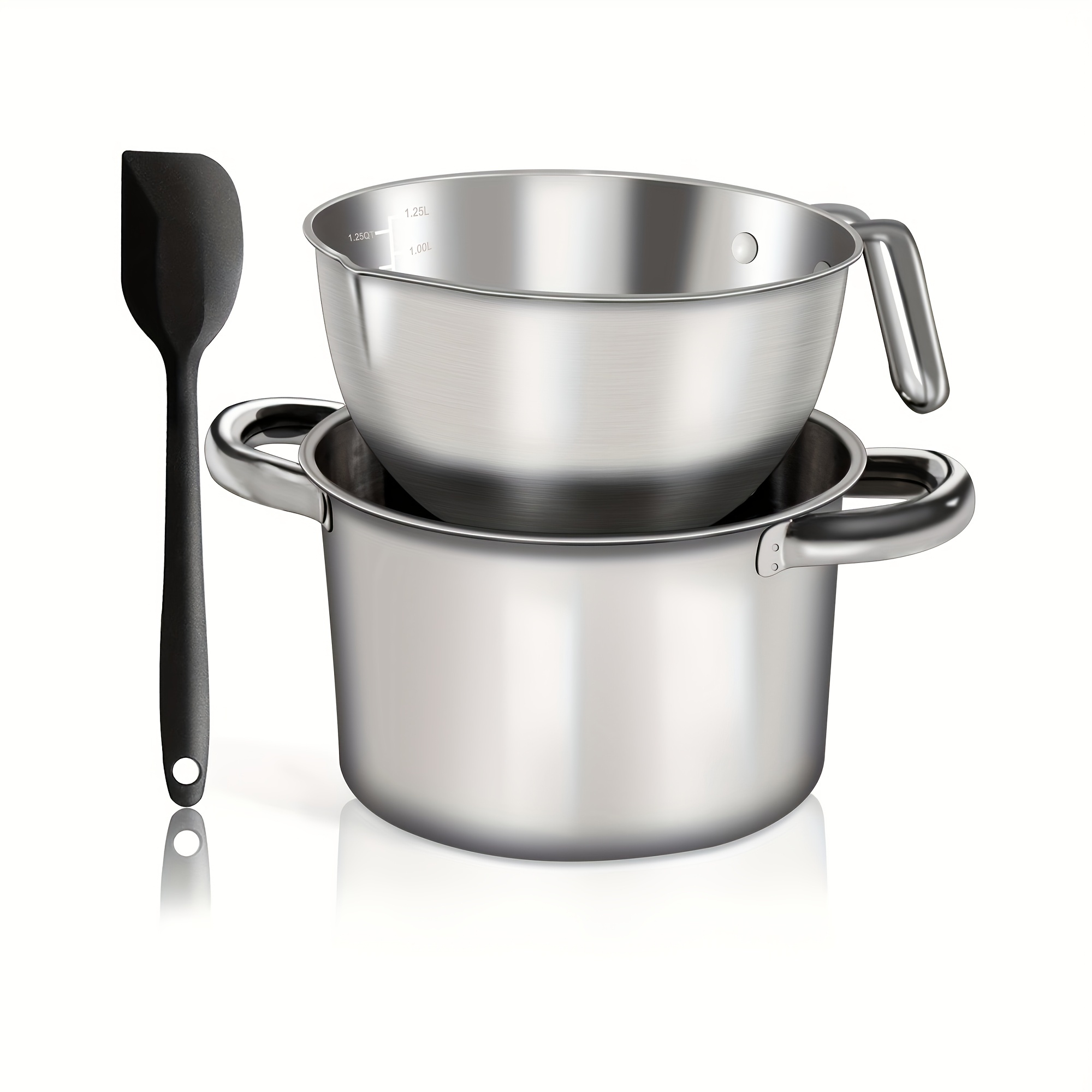 Image of Double Boiler Pot Set, 1250 Ml/1.14 Qt Mixing Bowl For Chocolate Melting, 2200 Ml/2.3 Qt 304 Stainless Steel Pot With Silicone Spatula For , Candy, Candle, Soap, Wax