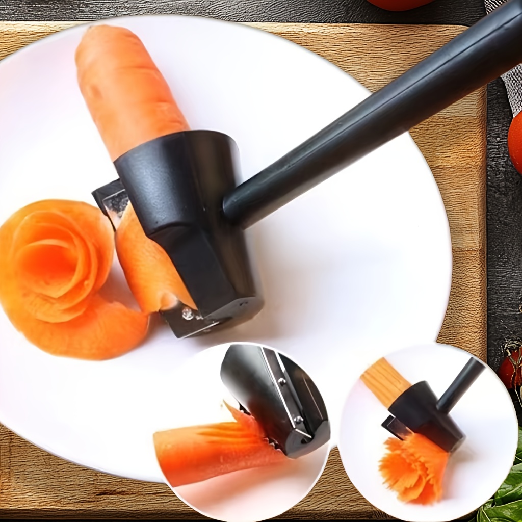 Con solo un suave rodillo, puedes crear flores de frutas. Esta herramienta de cocina multifuncional es perfecta para pelar y tallar verduras y frutas, creando hermosas decoraciones de pepino y zanahoria para tus platos. Es un excelente asistente para un