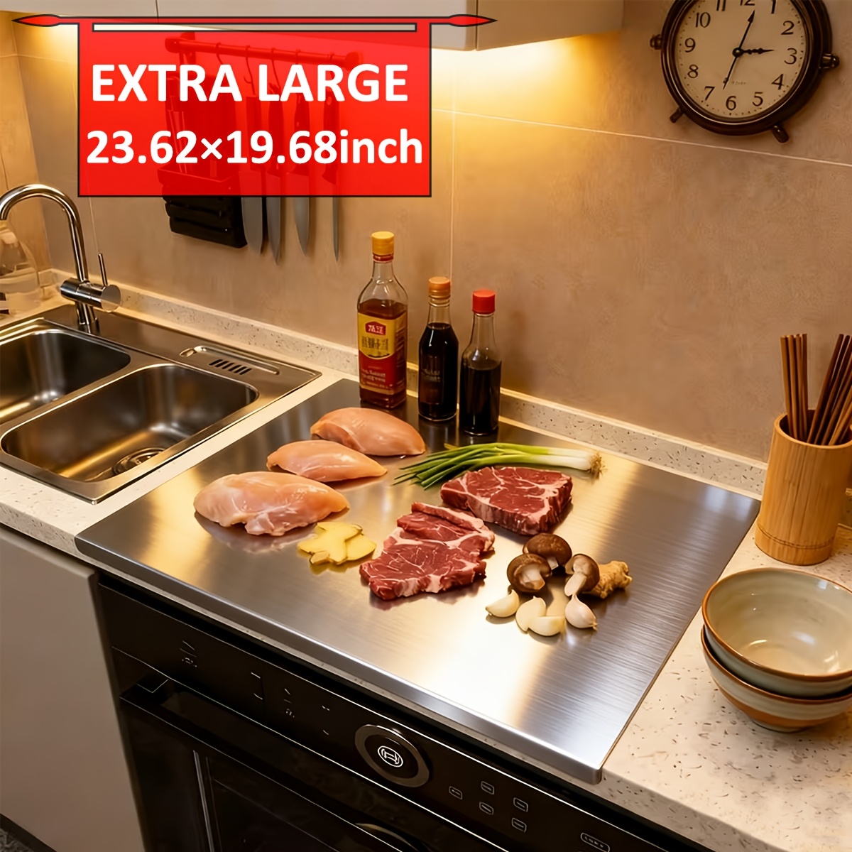 TEMU Planche à découper en acier inoxydable 23.6X19.7 pouces, bloc de découpe en métal surdimensionné, de qualité alimentaire, durable, facile à