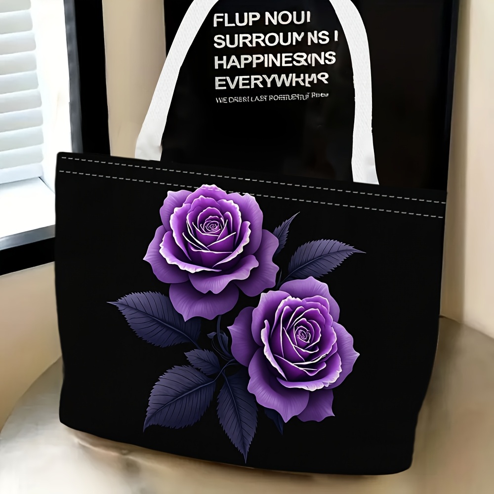 TEMU 1pc Women's Shoulder Bag With Purple Rose And Black Background Theme, Multi-functional And Versatile, Used As A Handbag, Clutch, Or Crossbody
