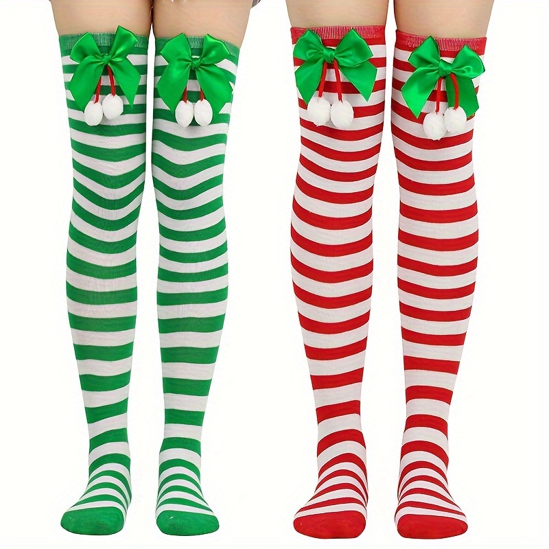 

1 Pair/ Autumn And Winter Christmas And Halloween Striped Socks, Calf Socks With Bow And Ball Decorations, Christmas Stockings, Party Over-the-knee Long Socks