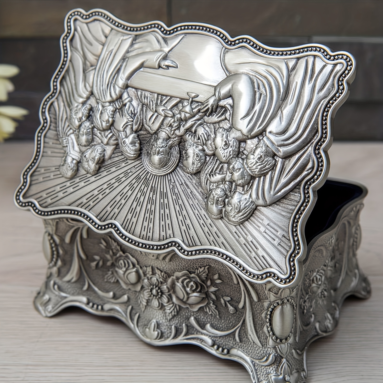 Caja de joyas de metal inspirada en el estilo vintage con diseño ornamentado - "El Último Soplo" (La Última Cena), organizador de recuerdos decorativo para el hogar y la cocina, regalo ideal para hombres y mujeres, cajas de joyas.