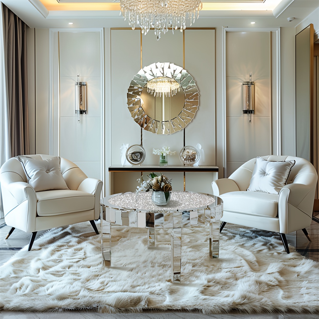 AESOME Glam Silver Mirrored Round Coffee Table Crushed Diamond Accent Side Table With Beveled Glass Edge Modern Center Table For Living Room And Office (31.5