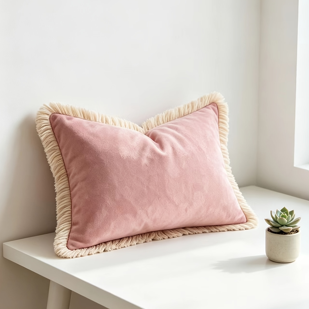 TEMU A Pink Velvet Tassel Throw Pillowcase, Made Of Soft And Comfortable Material, With A Detachable Zipper Closure, Suitable For Living Rooms And