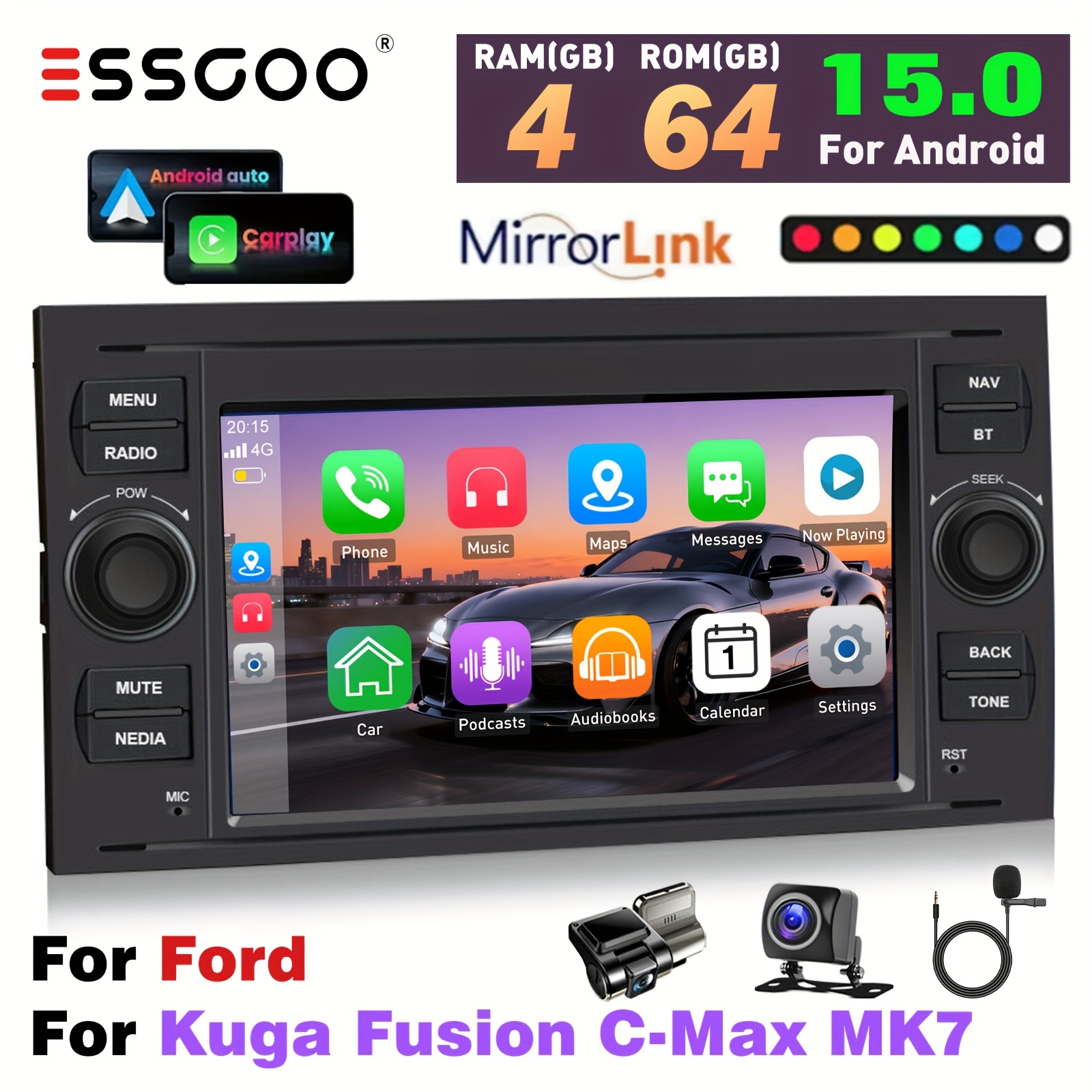 Essgoo 7" Car Radio With Wireless Carplayer/ Auto, 4gb 64gb Rom, Voice Control, Hd Touchscreen | Plug-and-play For Ford Kuga, Fusion, & More, With Ahd Camera And Dashcam And Mic