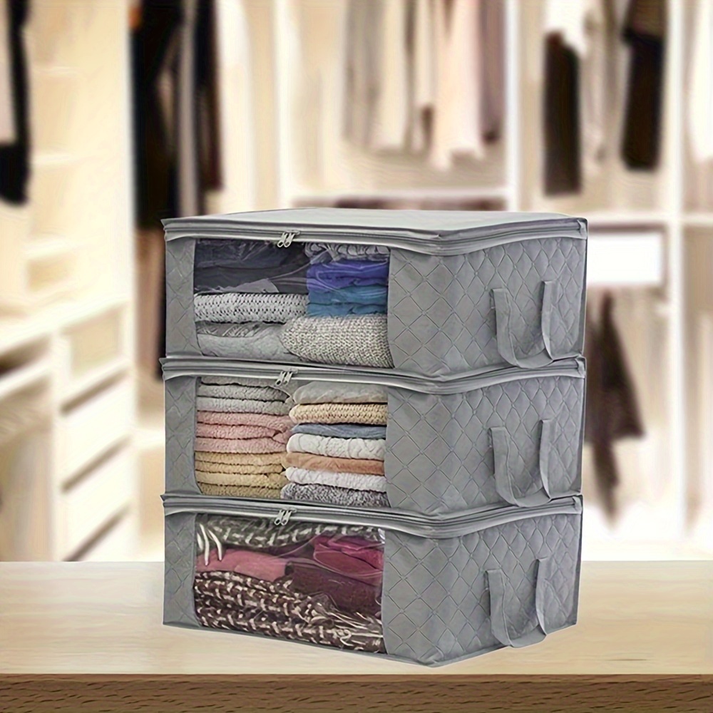 

3pcs Clothes Storage Bag Foldable Storage Bin Closet Organizer With Reinforced Handle Sturdy Fabric Clear Window For Sweaters, Coats, T-shirts, Blankets