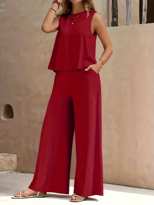 fashion solid color round neck sleeveless top and pants set
