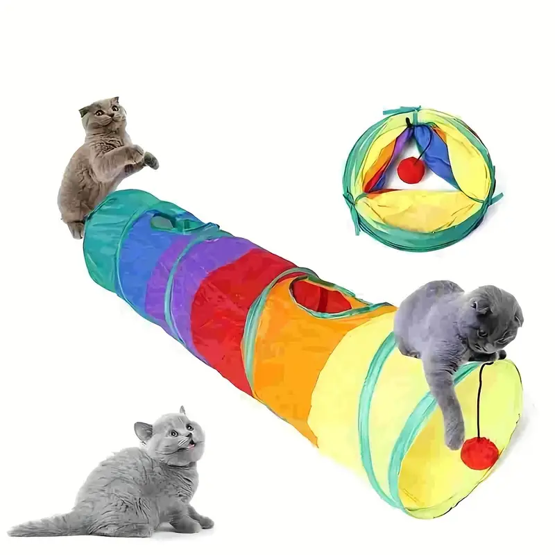 colorful collapsible cat toy with hanging ball interactive polyester play tube for cats green fabric design fun pet activity toys details 4