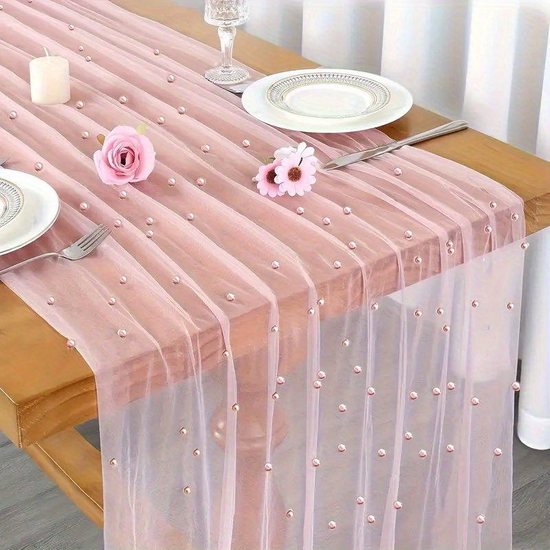 pearl table runner pink tulle fabric boho rustic lace tablecloth table runners for bridal shower wedding birthday arch veil dessert desk decorations pink 1pc
