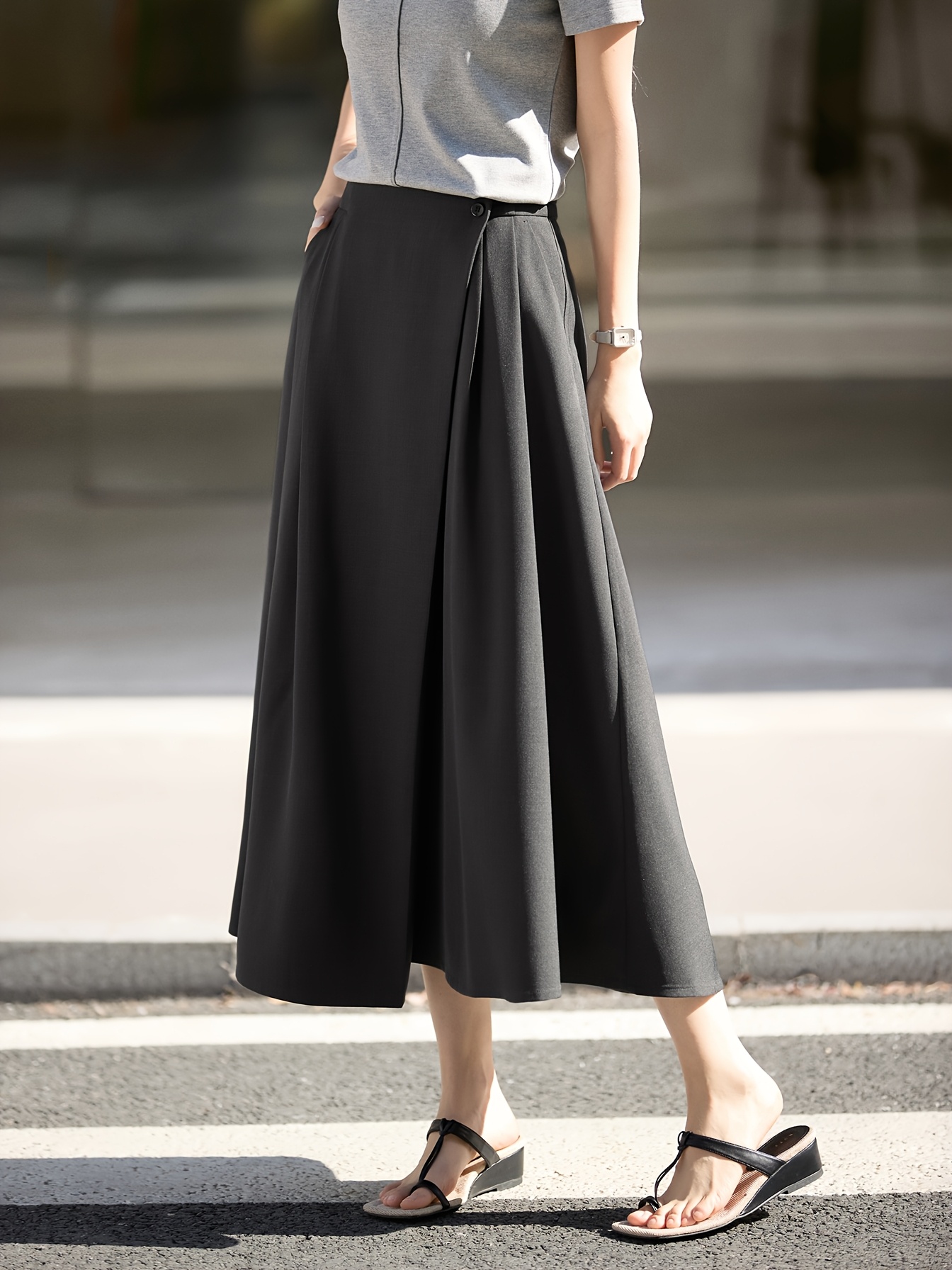 *&MO Women's High-Waisted A-Line Skirt with Asymmetrical Waist Pockets  Solid *-Washable Midi Skirt for Spring/Summer, Office, Casua