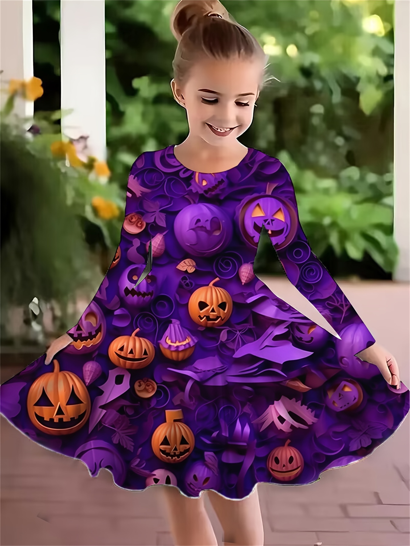 Girls' Halloween Dress with 3D Pumpkin Print