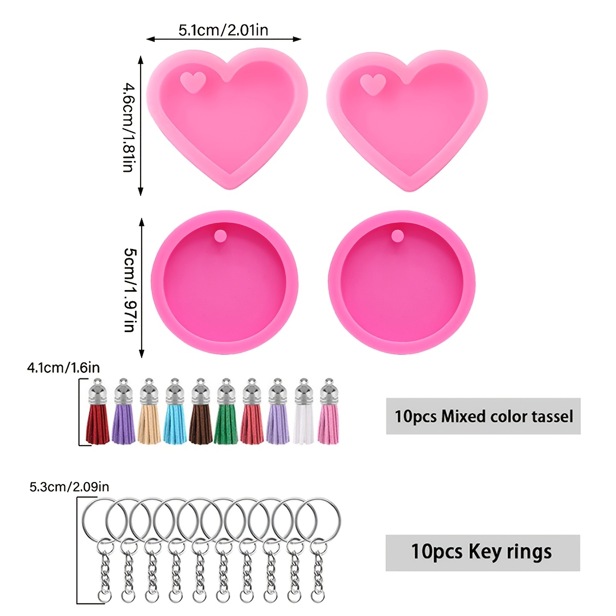 TEMU Ensemble de moules en résine de silicone, 24 pièces (Moules 4 pièces et 10 pièces et 10 pièces), de cœur et rondes, Moule de moulage en résine