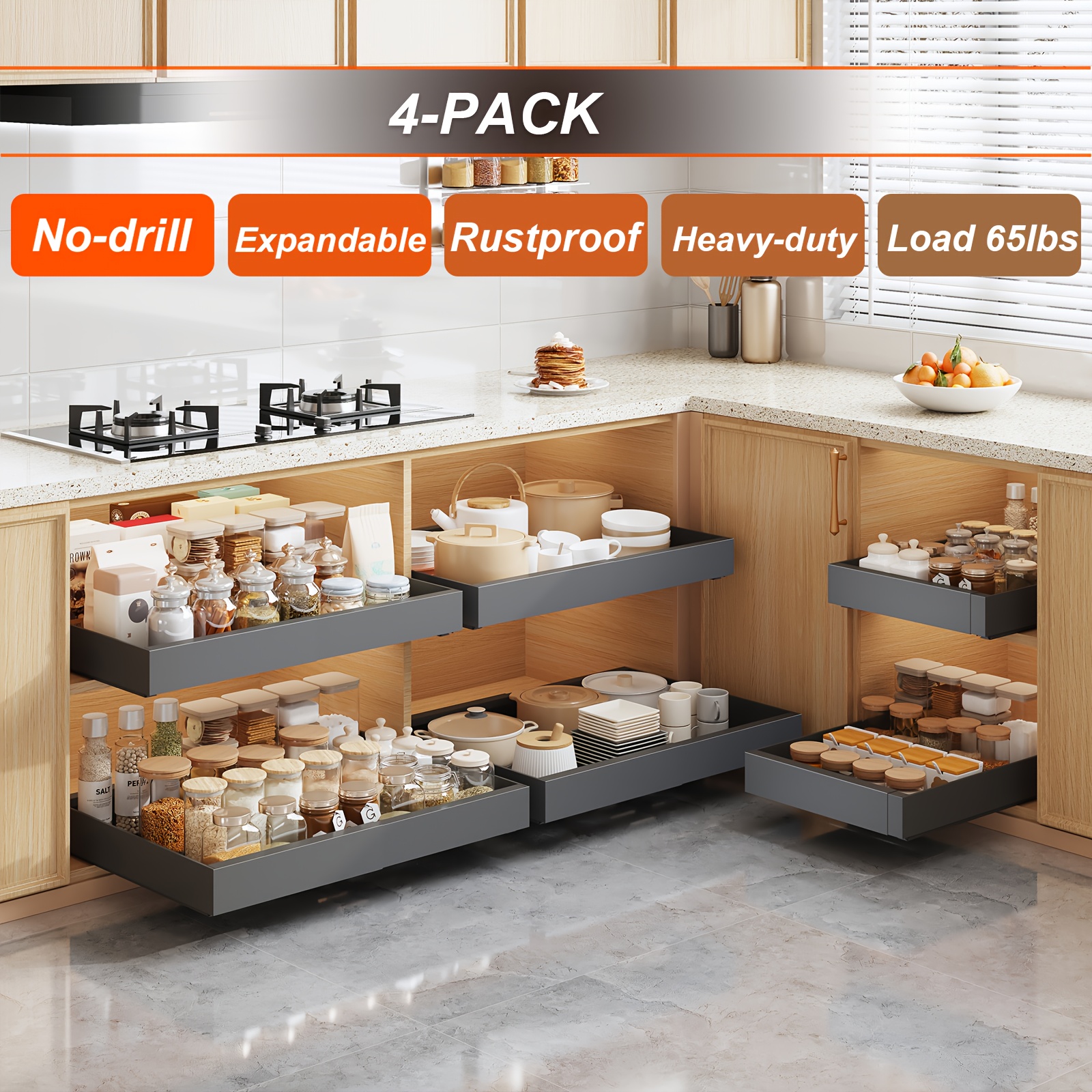 4pcs Pull Out Cabinet Organizer, Expandable 12.6"-20.6" Width, 17" Depth, Rustproof Carbon Steel Roll Out Storage Drawers With Quiet Glides For Kitchen, Pantry, Under Sink