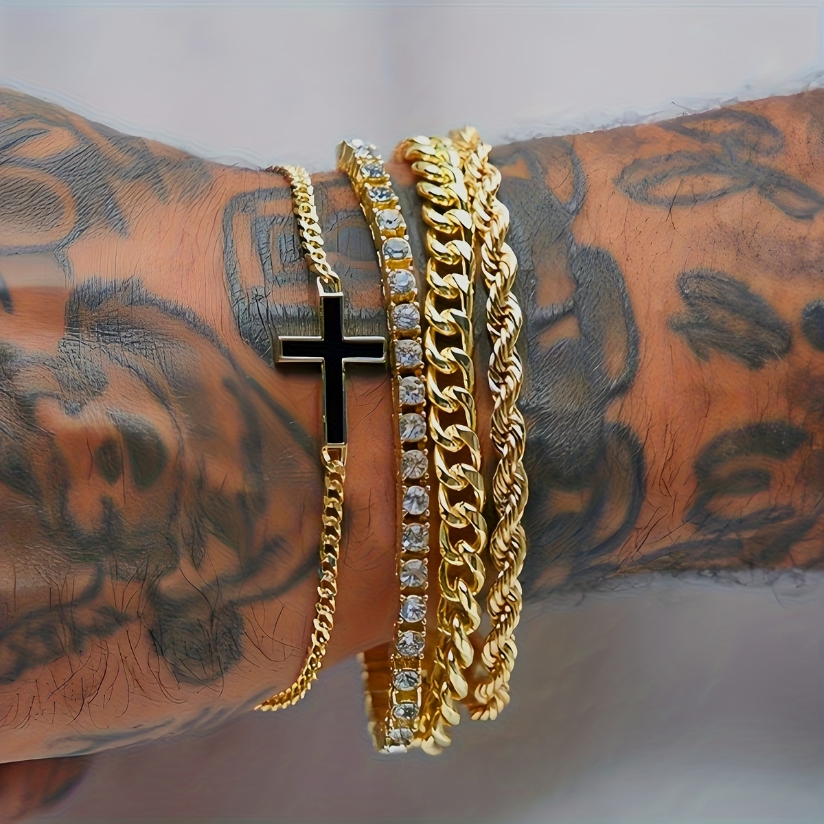 Image of 4pcs Men's Bracelet Set, Fashion Casual Twist Cross Synthetic Synthetic Cubic Zirconiaia Bracelet, Ideal For Dating, Vacation, Daily Wear, Gift For Boyfriend