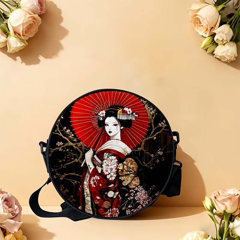 TEMU Sacoche bandoulière décontractée et tendance 9,84 pouces, 1 pièce, motif parapluie rouge, geisha et , impression 2D, bretelles réglables,