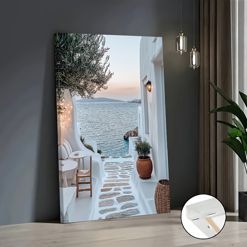 TEMU 1pc Mediterranean Greek Island Style Sunset Veranda Canvas Painting - White-washed Houses & Aegean Sea Landscape Wall Art, Solid Wood Framed