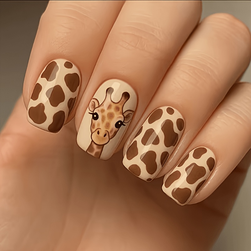 TEMU Upgrade Your Look: 24pcs Wearable Nail Stickers, Cartoon Animal Giraffe Print, Design, Detachable False Nails For Nail Extension, Includes Jelly