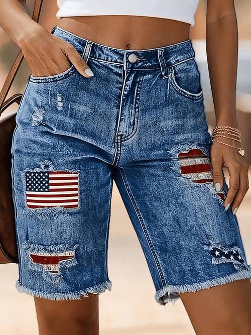 womens denim shorts with embroidered patches ripped hem bermuda denim shorts