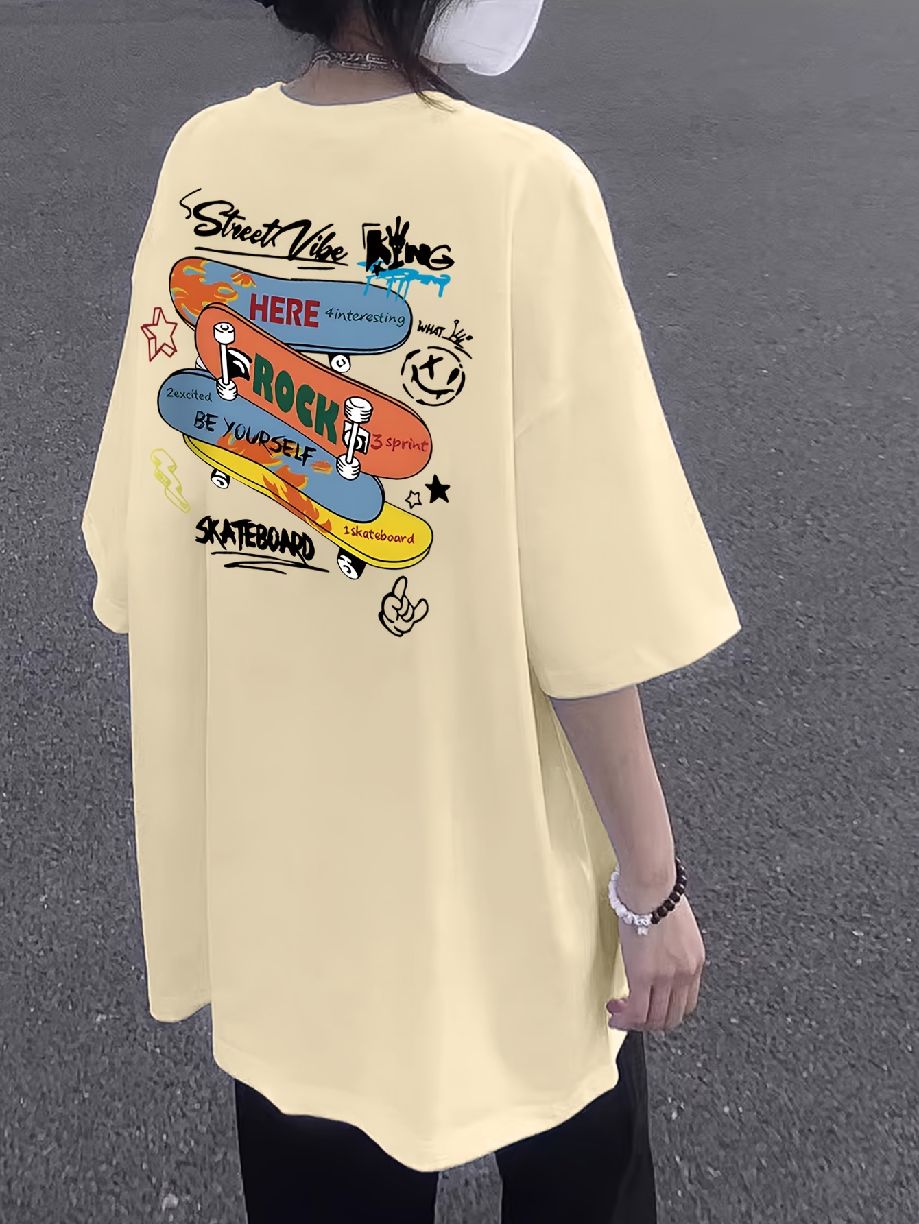 womens summer casual skateboard graphic print t shirt loose fit longline top with cartoon design light yellow round neck short sleeve tee for streetwear everyday outfits outfit addition durable fabric relaxed fit   print shirt women Product details 7