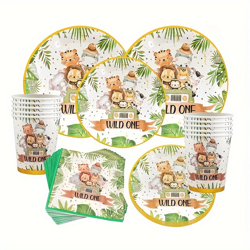 

Set, Wild 1 Theme Jungle Animals Disposable Tableware, Jungle Safari Green Forest Birthday Decor Gifts Woodland Birthday Party Supplies, 1st Birthday Decoration For Home