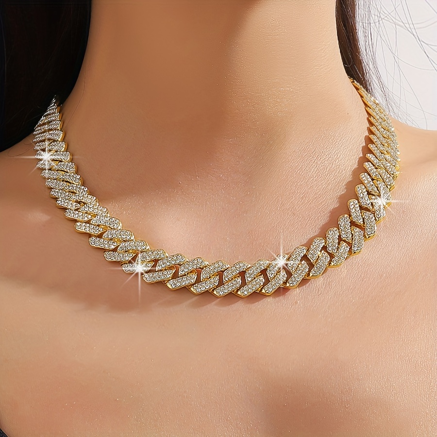 

1pc Luxury Exaggerated Hip Hop Style Full Of Rhinestones Cuban Chain Necklace, Glamourous Elegant Temperament Banquet Party Wedding Women's Jewelry