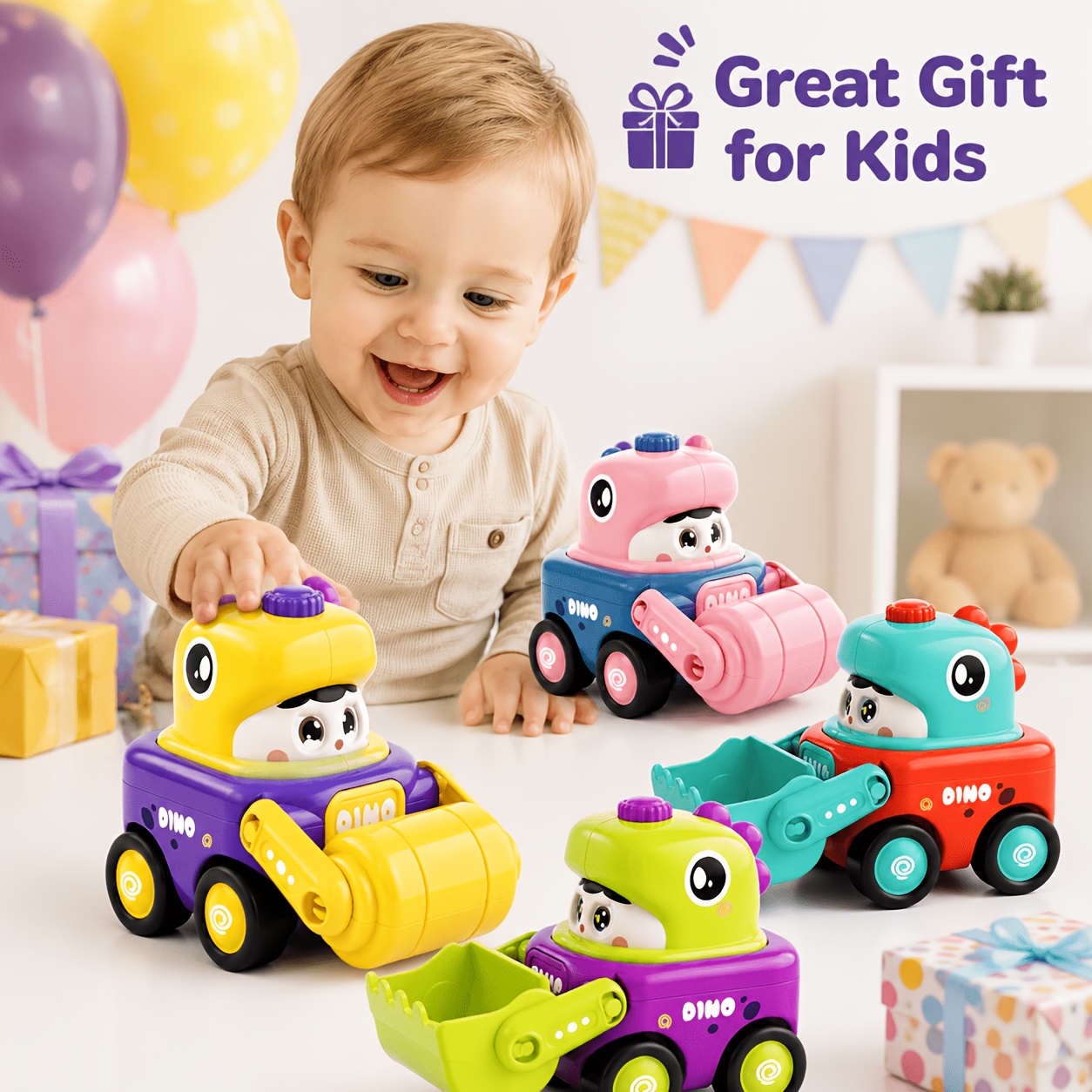 Press and Transform Sliding Dinosaur Engineering Vehicle Toy for Kids