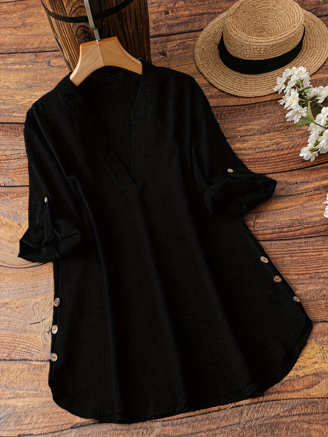 Plus Size Women's New Shirt in Minimalist Style with V-Neck and Long Sleeves, Faux Button Design