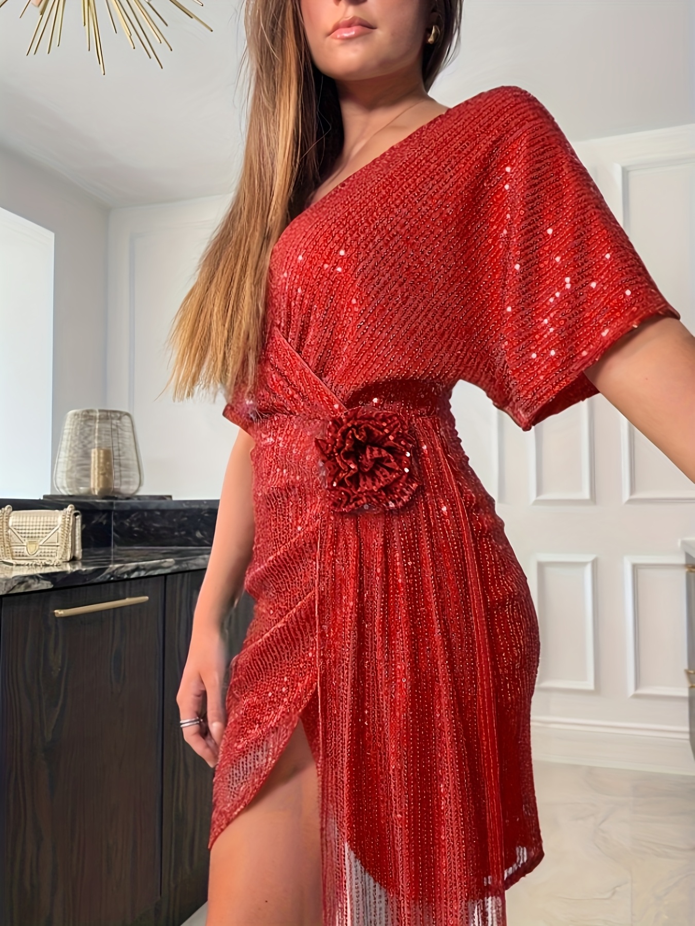 european v neck tie waist hip wrap dress - Temu Philippines