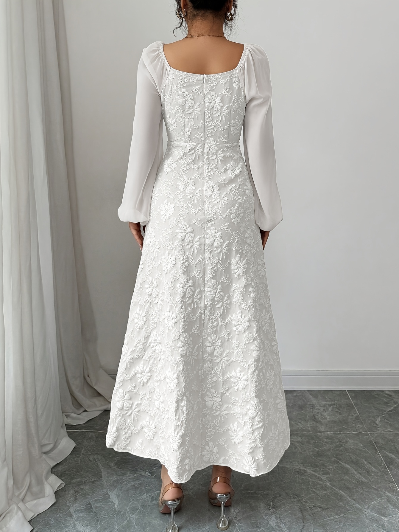 womens elegant jacquard a line long dress puffed sleeves - Temu Oman